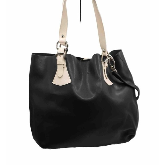 PULICATI Black Genuine Leather Tote Bag Made in Italy Beige Strap Accent 39-14 - Picture 5 of 10